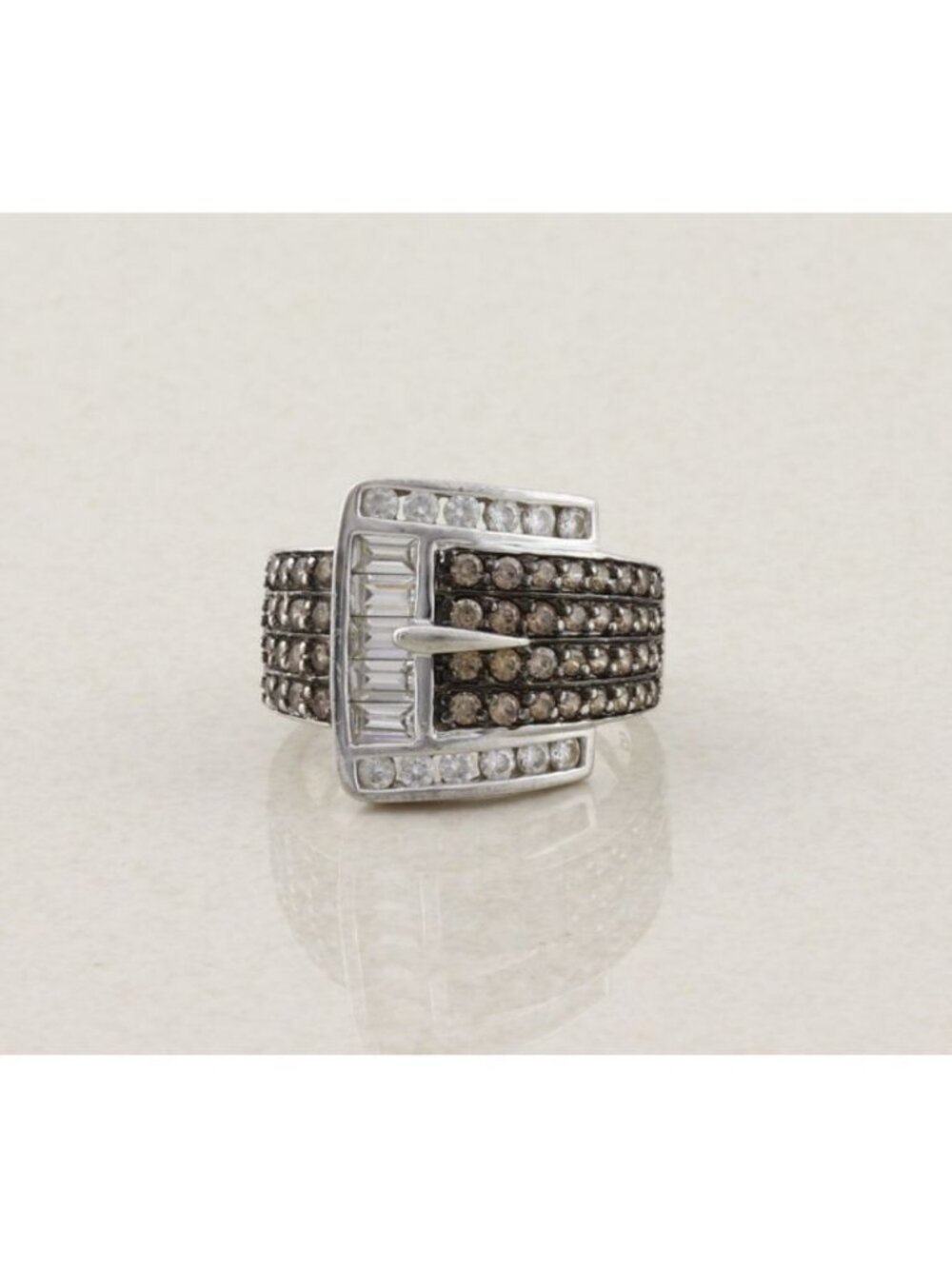 Sterling Silver Sparkly Brown & White Cubic Zirconia Belt Buckle Ring Size 6 3/4